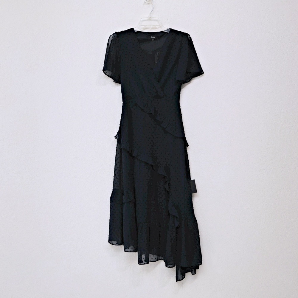 NWT Lulus Next To You Swiss Dot Ruffle Surplice Slit V-Neck Midi‎ Dress Navy XS - Picture 2 of 15